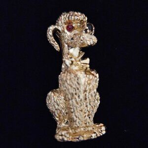 Poodle Dog Brooch Sitting Gold Tone w/ Red Eyes Black Nose Bow Puppy Pin Vintage
